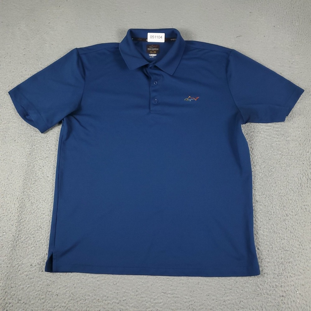 Greg Norman Polo Shirt Mens Medium Blue Shark Casual Golf Short Sleeve *